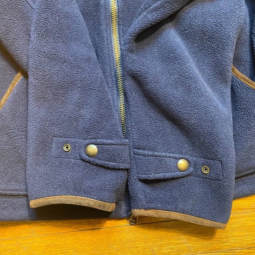 Polo Ralph Lauren Navy Blue Fleece Jacket Leather Trim Full Zip Mens XL